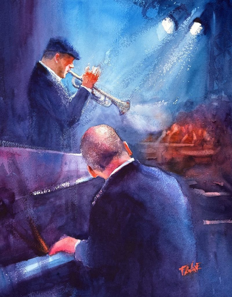 Watercolor painting of jazz musicians